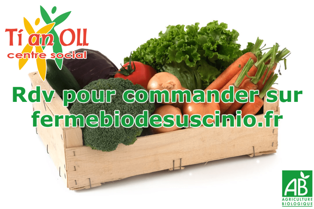 Image d'un panier de légume bio, avec le logo de l'association centre social ti an oll qui représente deux personnage les bras en l'air. Il y a un texte qui donne le lien fermebiodesuscinio.fr pour passer des commandes/