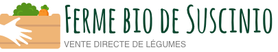 Image d'un panier de légume bio, le texte Ferme Bio de Suscinio, Vente directe de légumes.