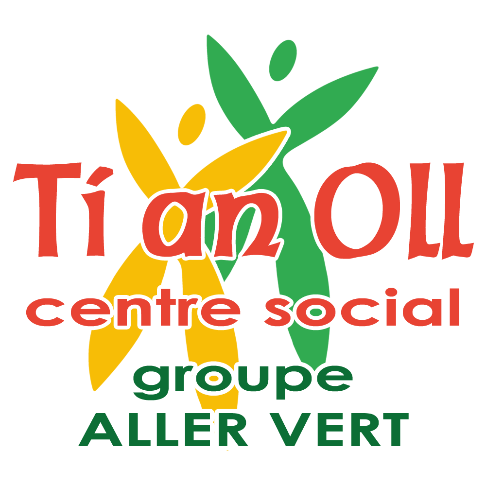 Logo d'un centre social associatif appelé Ti An Oll. Un texte est ajouté pour un groupe appelé Aller Vert. Dans l'arrière plan il y a deux silhouette qui saute avec les bras en l'air.